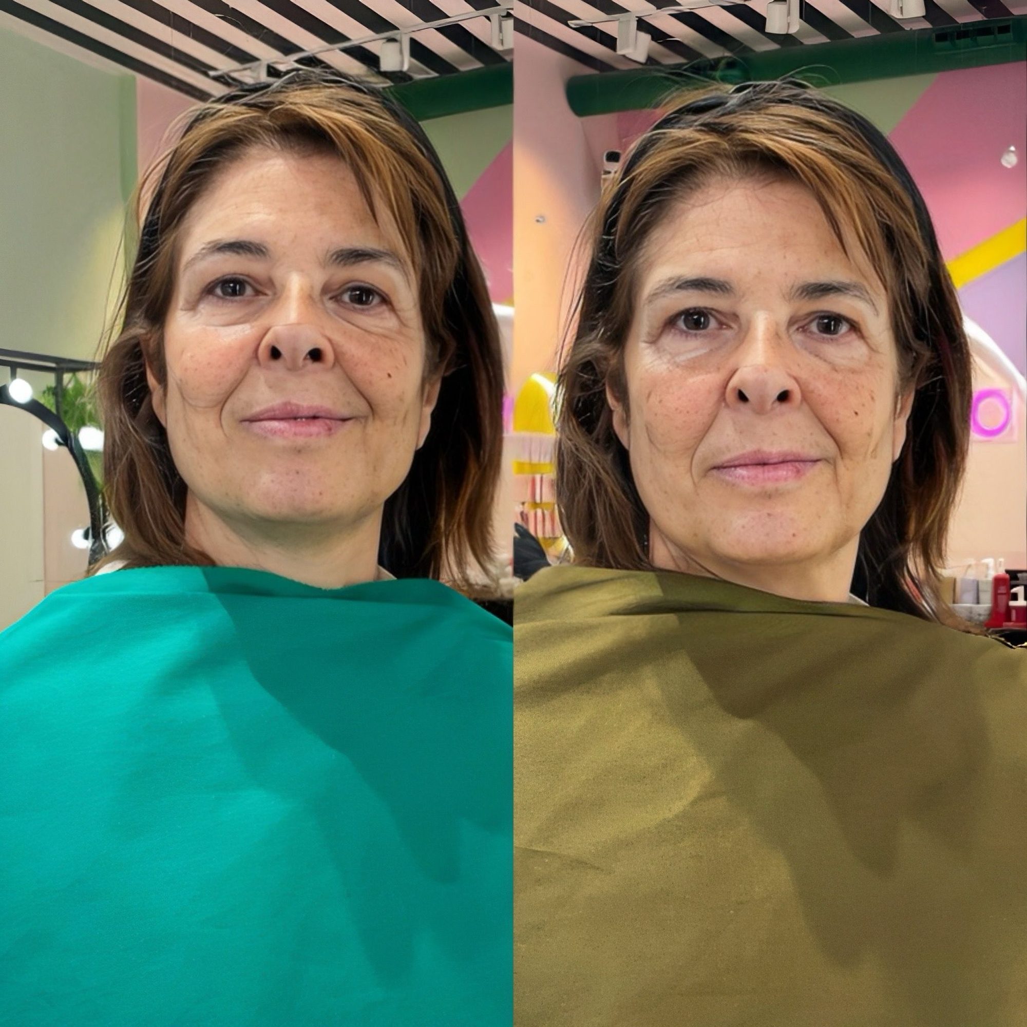 Comparación de dos telas de color sobre el rostro en un test de colorimetría – clientas de Madrid